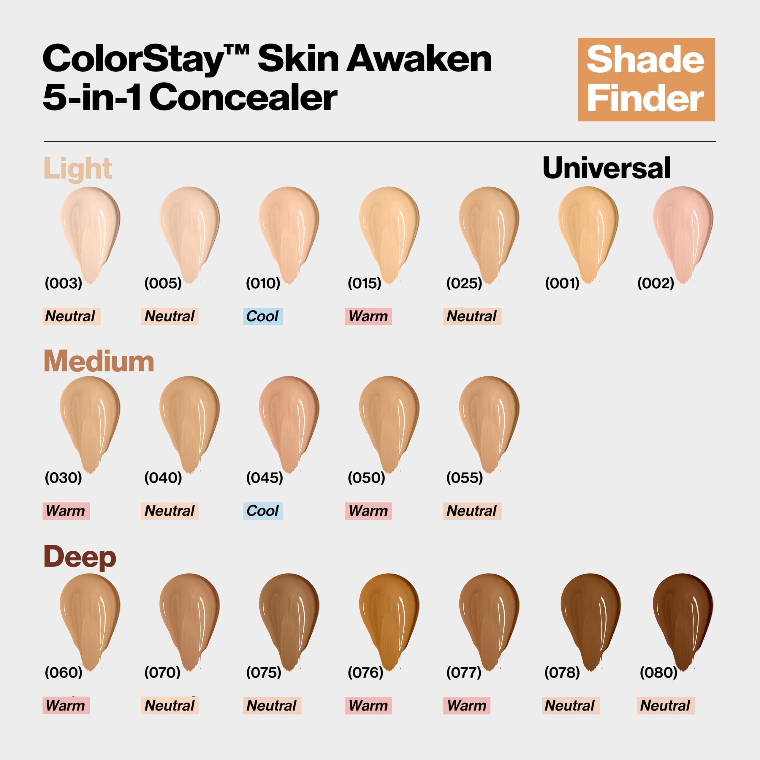 Revlon ColorStay Skin Awaken 5-in-1 Concealer, Lightweight, Creamy Longlasting Face Makeup with Caffeine & Vitamin C, For Imperfections, Dark Circles & Redness, 005 Fair, 0.27 fl oz