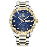 Men's Casual Stainless Steel Watch, Big Face Easy to Read Analog Quartz Watch with Day and Date, Classic Waterproof Diamond Roman Arabic Numerals Dial Dress Watch for Men, Gold Silver Black Band