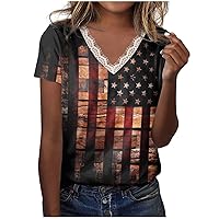 Womens Tie Dye Distressed USA Flag July 4th Tops Summer Lace Trim V Neck Short Sleeve Trendy Casual Tee Blouses