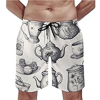 Hand Drawn Teapots and Cups Swim Trunks Quick Dry Summer Beach Swimming Trunks Men's Casual Shorts