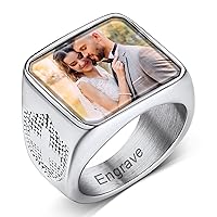 Custom4U Personalized Rings with Pictures Inside Custom Photo Ring Name Engraving Stainless Steel Signet Ring/Heart Ring Size 7-14 Customized Memorial Jewelry for Men Women (Gift Box)