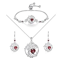 FANCIME Tree of life January Birthstone Jewelry Set Sterling Silver Garnet Pendant Earrings Bracelet Birthday Mothers Day Gifts for women Wife Mom Her