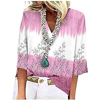 Women's Fashion Casual Loose Shirts 3/4 Sleeve Print V Neck Tops Print Summer Vacation Tops for Women