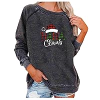 Christmas Nana Claus Sweatshirts for Women Plaid Santa Hat Letter Print Shirt Oversized Raglan Long Sleeve Xmas Tops