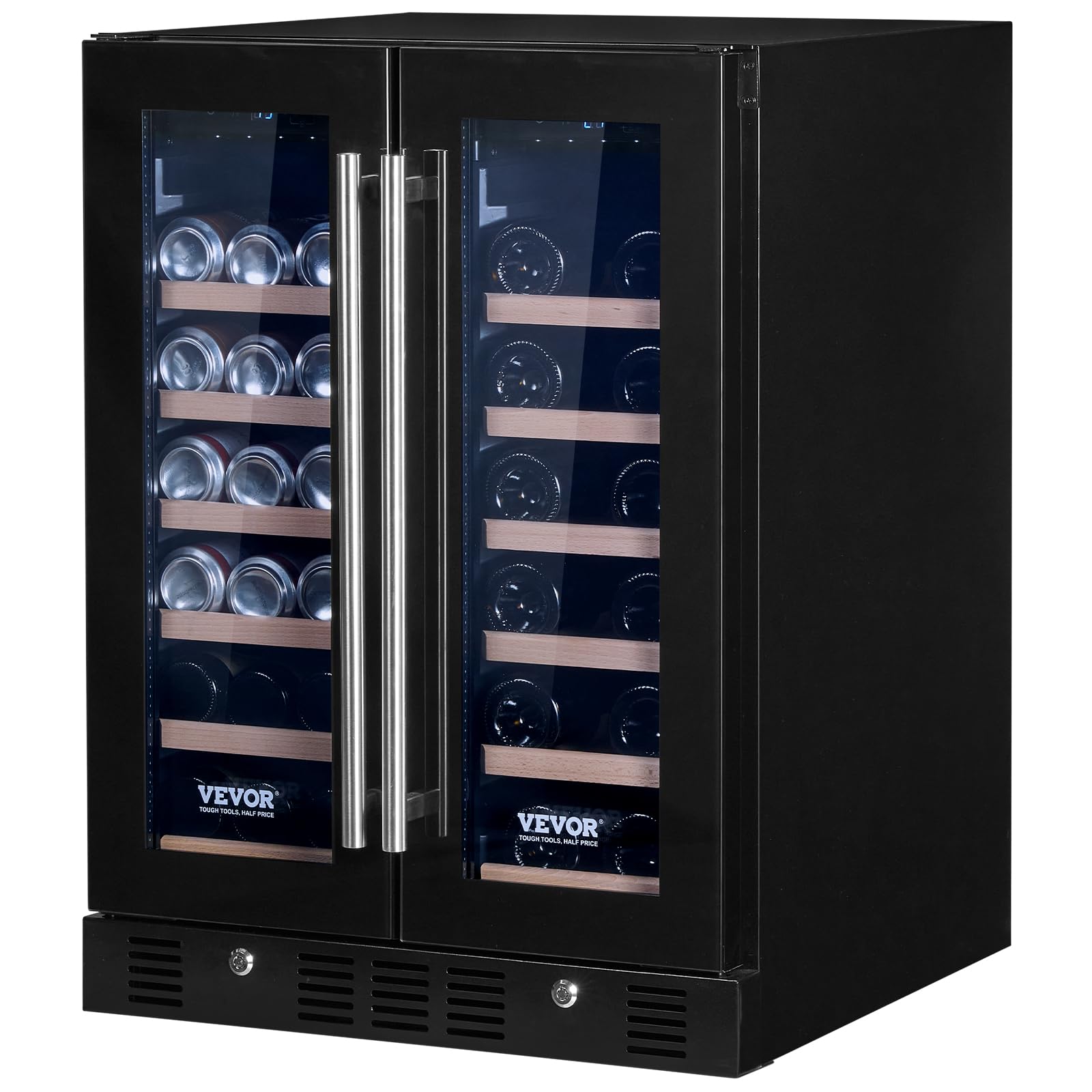VEVOR 78 Cans and 20 Bottles Dual Zone Wine Refrigerator 24” Beverage Cooler with Digital Temperature Control, Tempered Glass Door, Child Lock, Low Noise, Freestanding or Built-in, ETL, Black
