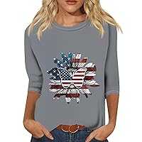 Crew Neck T Shirts for Women, Shirt Women's Fashion Casual Round 3/4 Sleeve Loose 4Th of July Printed, S, 3XL