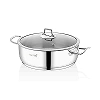 Stainless Steel Tri-Ply Capsulated Bottom 5 Quart Saute Pot with Glass Lid, Induction Ready, Oven and Dishwasher Safe