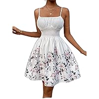 Summer Dresses for Women 2022 Floral Print Ruched Bust Shirred Cami Dress (Color : White, Size : L)
