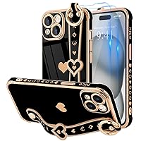 for iPhone 15 Plus Case with Strap for Women Girls [2× Screen Protectors], Cute Love-Hearts Design, Wristband Kickstand Plating Edge Protective Phone Case for iPhone 15 Plus (6.7'') - Black