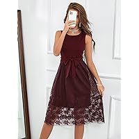 Fall Dresses for Women 2023 Mesh Panel Belted Dress Dresses for Women (Color : Maroon, Size : Small)