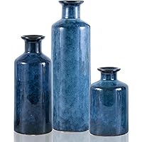 Blue Ceramic Vase Set of 3 Small Vases, Modern Farmhouse for Home Decor Bottles, Rustic Terracotta Vase Decorative Vases for Table,Fireplaces Decor, Bookshelf, Living Room