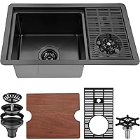 AS15XBC Gunmetal Black Bar Sink with Glass Rinser Stainless Steel Undermount Prep Kitchen Sink 23-1/4 x 14 Inches Single Bowl with Cutting Board