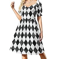 Watercolor Black and White Argyle Women Elegant Maxi Dress with Sleeves,Summer Casual Dress