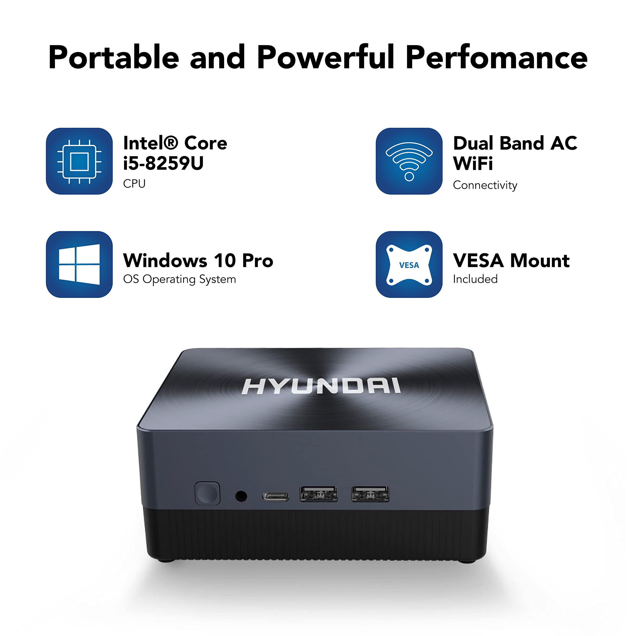 Hyundai Compact Mini PC, Intel i5 Processor, Mini Computer with 8GB DDR4 RAM/256GB SSD Windows 10 Pro, MicroSD, USB-C, HDMI, VGA Ports, Vesa Mount - Ideal Business Mini PC for Small Offices and Home