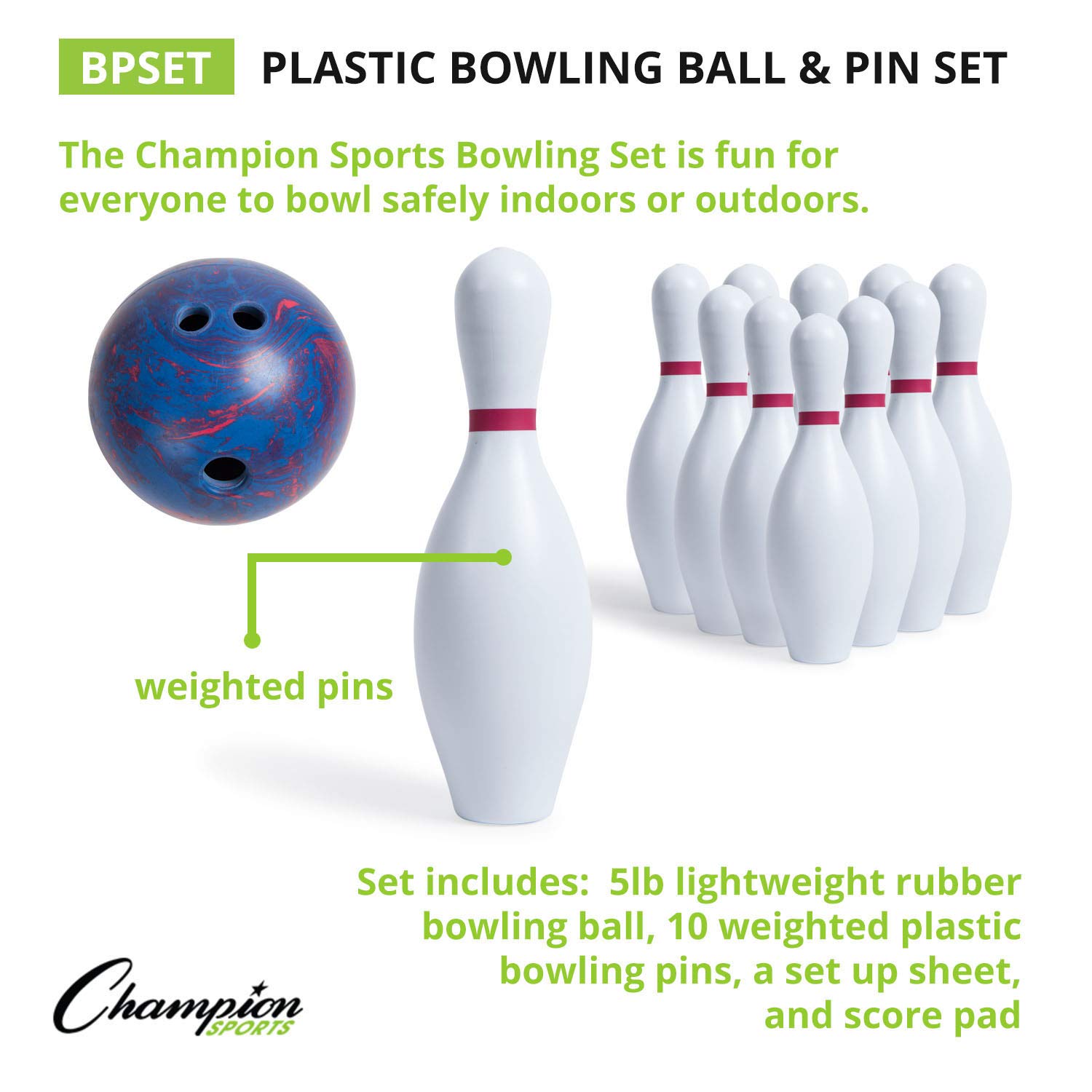 Champion Sports Bowling Set: Rubber Ball & Plastic Pins for Training, Model:BPSET