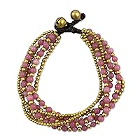 NOVICA Handmade Beaded Brass Bracelet Artisan Crafted Quartz Pink Thailand Strawberry Ice Cashmere Rose Bohemian Birthstone [7.75 in min L x 8.25 in max L x 0.8 in W] 'Rose Joy'