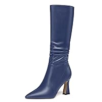 Womens Solid Party Matte Zip Pointed Toe Sexy Spool High Heel Mid Calf Boots 3.3 Inch
