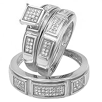 Dazzlingrock Collection 0.33 Carat (ctw) Round White Diamond Square Head Cluster Wedding Trio Ring Set for Him & Her (0.33 ctw, Color I-J, Clarity I2-I3) in 925 Sterling Silver