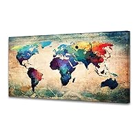 Baisuwallart A62075 Abstract World Map Canvas Painting Vintage Posters and Prints Colorful Wall Art Wall Pictures Artwork Framed Ready to Hang for Living Room Bedroom Office Home Decor 30x60inch