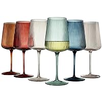 Ripple Colored Wine Glasses - Set of 6 Ribbed Crystal Fluted Big Long Stemmed Glasses Gift Hosting, Wife, Mom Friend - Large 19 oz Glass, Italian Style Tall Drinkware, Vintage Style Drinking Glassware