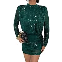 Womens Fall Fashion 2022 Mock Neck Ruched Sequin Dress (Color : Dark Green, Size : Small)
