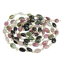 Women's 5-6 mm Multi Tourmaline Plain Oval Beads Connector Chain for Jewelry makings in 925 Silver Gold Plate Wire Wrapped Rosary Style Chain for Jewelry making (1Foot - 5Feets)