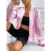 Jackets for Women Zip Up Satin Bomber Jacket Women's Jackets (Color : Pink, Size : Medium)