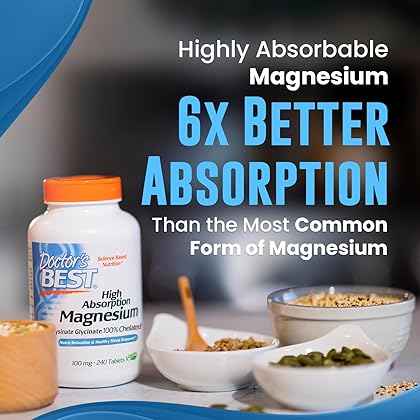 Doctor's Best High Absorption Magnesium Glycinate Lysinate, 100% Chelated, Non-GMO, Vegan, Gluten & Soy Free, 100 mg, 240 Count