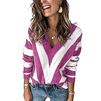 EVALESS Sweaters for Women Sleeve Sexy Deep V Neck Casual Knit Striped Pullover Sweater
