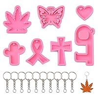 Butterfly Cross Maple Key Chain Silicone Mold Kit Heart Cactus Ribbon Keychain Casting Mold with Keychain Clasps Jump Ring for DIY UV Epoxy Resin Key Chain Making