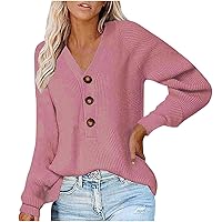 Fall Sweaters for Women 2022 Button Down V Neck Pullover Long Sleeve Ribbed Knit Blouses Loose Casual Solid Jumper Top