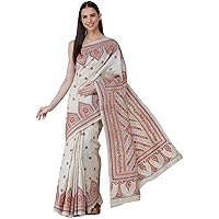 Bleached-Sand Pure Silk Sari from Bengal with Kantha Hand-E - Cream