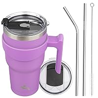 30oz Tumbler with Handle and 2 Straw 2 Lid, Insulated Water Bottle Stainless Steel Vacuum Cup Reusable Travel Mug,Lavender