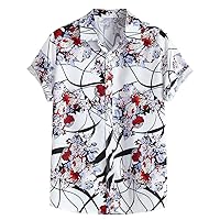 Hawaiian Floral Printed Shirt for Men Summer Beach Short Sleeve Tops Loose Fit Lapel Button Up Breathable Tees