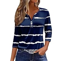 Casual Henley Shirts for Women,3/4 Length Sleeve Womens Tops Button Henley V Neck Shirts Henley 2024 Summer Blouses Dressy Fashion Print Clothes 3/4 Sleeve Tops