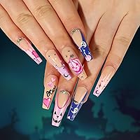 Halloween Press on Nails Long French Fake Nails with Luxury Rhinestones Designs Purple&Pink Pumpkin Star Moon Devil White Ghost Glue On Nails Halloween Decorations for Women and Girls 24Pcs