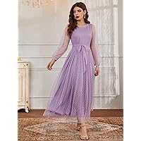 Womens Fall Fashion 2022 Dobby Mesh Bishop Sleeve Belted Maxi Dress (Color : Lilac Purple, Size : Large)
