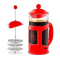 OVENTE 34 Ounce French Press Coffee, Tea and Espresso Maker, Heat Resistant Borosilicate Glass with 4 Filter Stainless-Steel System, BPA-Free Portable Pitcher Perfect for Hot & Cold Brew, Red FPT34R