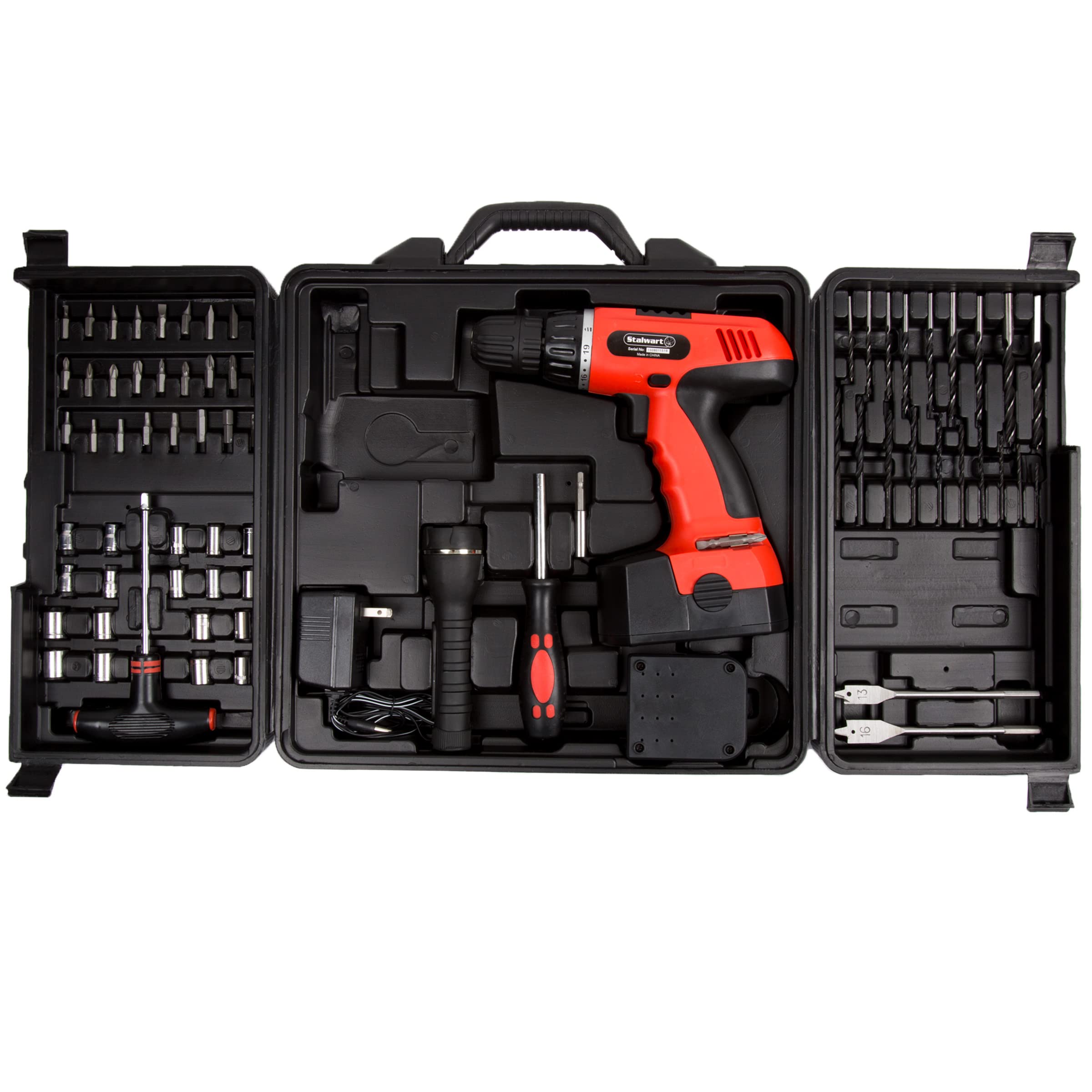 18V Cordless Drill Set - 78-Piece Tool Set with Drill Bits, Sockets, Driver Bits, Flashlight, Rechargeable Battery, and Tool Box by Stalwart (Red)