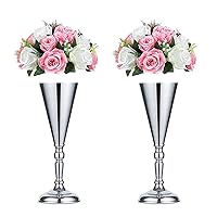 Sziqiqi Trumpet Floral Centerpiece Riser Stand for Wedding Reception Centerpieces Party Event Anniversary Birthday Decoration Flower Arrangement Pack of 2, Silver 14in