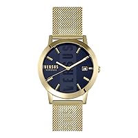 Versus Versace Barbes Collection Luxury Mens Watch Timepiece with a Gold Bracelet Featuring a Gold Case and Blue Dial