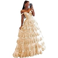 Sparkly Tulle Prom Dresses Sequin Off Shoulder Ball Gwon Tiered Lace Formal Dress