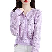 Women's Cutout Casual Cardigan 100% Merino Wool Cashmere Sweater O Neck Sweater Jacket