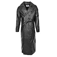 DR157 Men's Trench Double Breasted Full Length Leather Coat Black