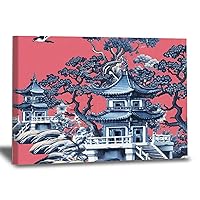 WoGuangis Antique Asian Pagoda Blue Canvas Wall Art Pink Blue Chinoiserie Pagoda Wall Decor Hanging Poster Chinoiserie Chic Canvas Prints for Living Room Bedroom 16x24in Housewarming Gift