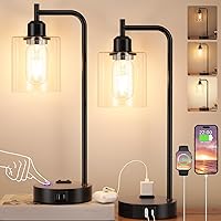 Industrial Touch Table Lamps for Bedrooms Set of 2 - 3-Way Dimmable Nightstand Lamps with USB C+A Ports and Outlet, Black Bedside Lamps with Glass Shade for Living Room, Desk Lamps for Home Office