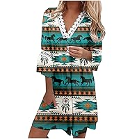 Summer Dress Women Vintage Westen Aztec Geometric Print Lace Trim V Neck 3/4 Sleeve Mini Dress Casual Elegant Beach Sundress