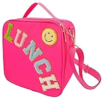 Insulated Lunch Bag With Adjustable Shoulder Strap, Nylon Preppy Lunch Box Large Insulated Lunch Bag Reusable Lunch Tote Bag with Smiley Preppy LunchBag for Girls School Travel Picnic (Rosy Red)