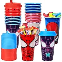 24 Pack Spiderman Party Favors Goodie Cups, Birthday Party Cups with 4 Designs, 16OZ Reusable Plastic Spidey and His Amazing Friends Party Supplies Decorations Cups with Lids Plugs for Boys Kids Girls