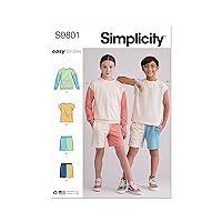 Simplicity Easy Girls' and Boys' Sweatshirts and Shorts Sewing Pattern Packet, Design Code S9801, Sizes 7-8-10-12-14, Multicolor
